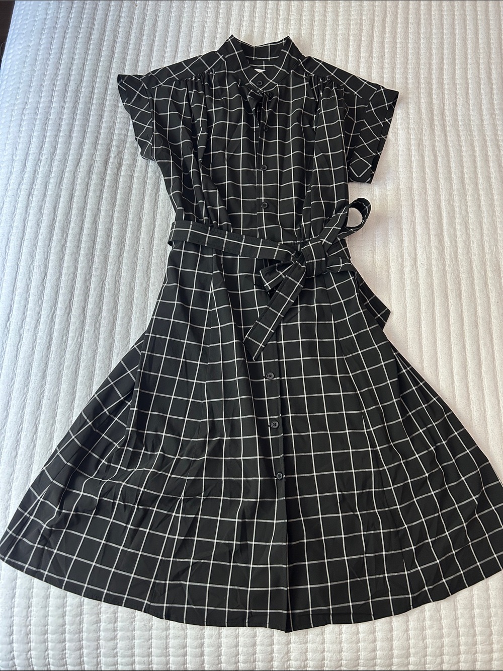 Calvin Klein Black and White Windowpane Plaid Midi Dress